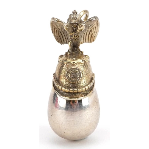 2095 - Russian military interest silver egg pendant with helmet and double headed eagle, 3.5cm high, 12.4g