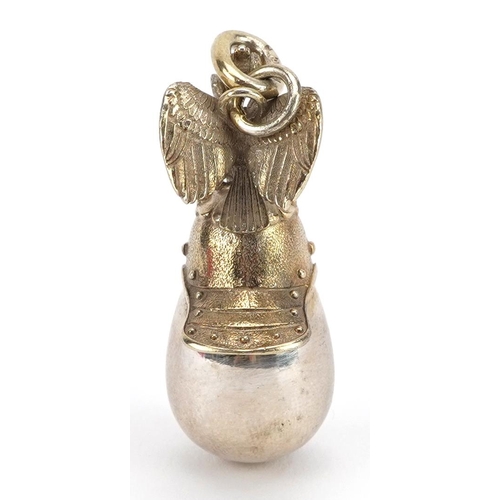 2095 - Russian military interest silver egg pendant with helmet and double headed eagle, 3.5cm high, 12.4g