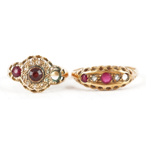 2078 - Two Victorian 18ct gold rings including one set with garnets, Birmingham hallmarks, sizes N and Q, t... 