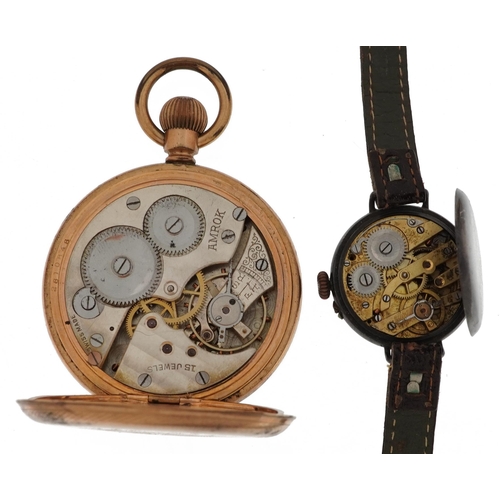 2244 - Gentlemen's military interest trench watch with enamelled dial and yellow metal American Amrok pocke... 