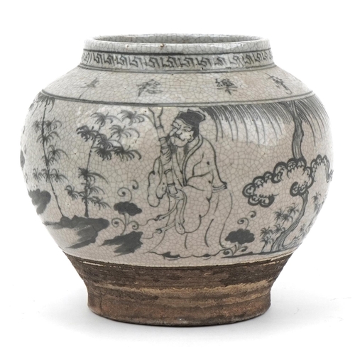 592 - Chinese archaic style baluster jar hand painted with immortals in a landscape, 22cm high