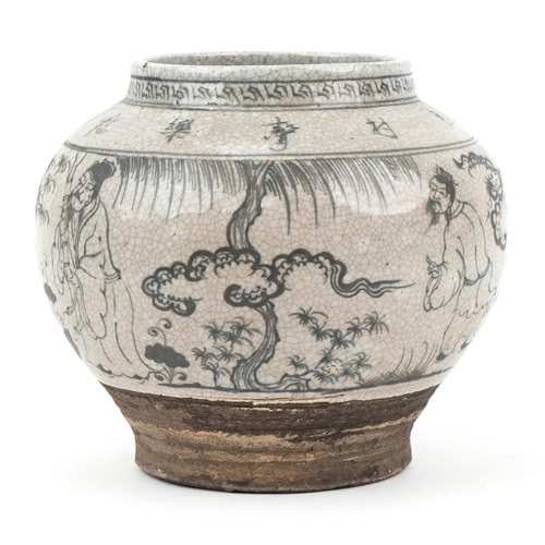 592 - Chinese archaic style baluster jar hand painted with immortals in a landscape, 22cm high