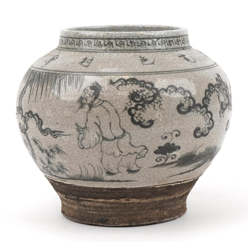 592 - Chinese archaic style baluster jar hand painted with immortals in a landscape, 22cm high