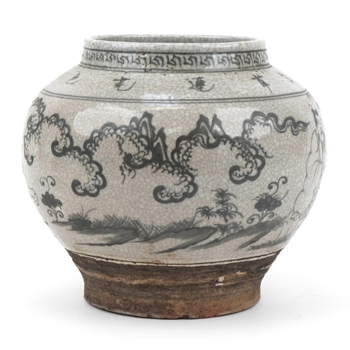 592 - Chinese archaic style baluster jar hand painted with immortals in a landscape, 22cm high