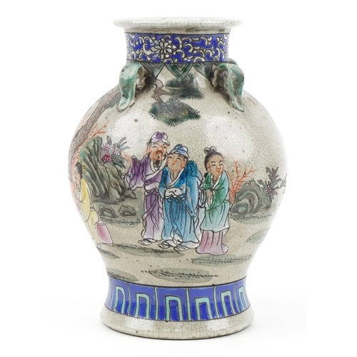 1334 - Chinese archaic style baluster vase with four handles hand painted in the famille rose palette with ... 