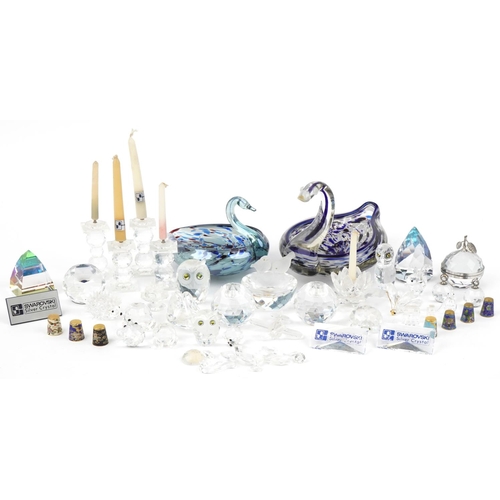 571 - Glassware including Swarovski crystal animals, candlesticks and two Murano style ducks, the largest ... 