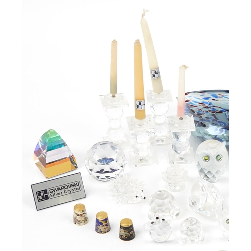 571 - Glassware including Swarovski crystal animals, candlesticks and two Murano style ducks, the largest ... 