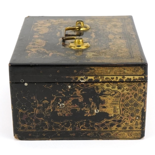 54 - Chinese black lacquered tea caddy with pewter liner, finely gilded with dragons and figures, 10.5cm ... 