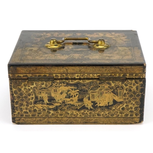 54 - Chinese black lacquered tea caddy with pewter liner, finely gilded with dragons and figures, 10.5cm ... 
