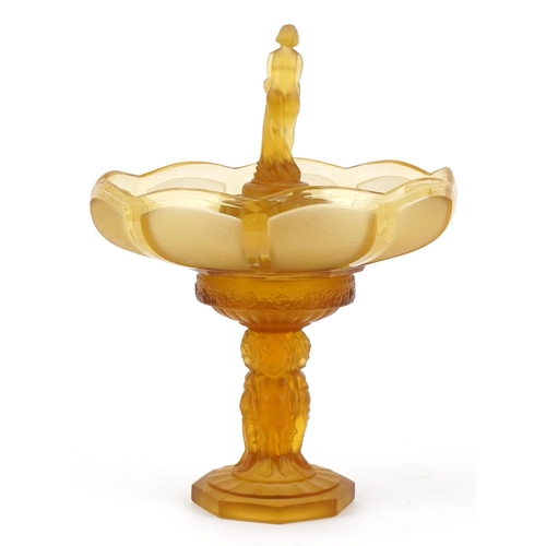 357 - Manner of Walther & Sohne, German Art Deco amber glass figural flower four section centrepiece, 35cm... 