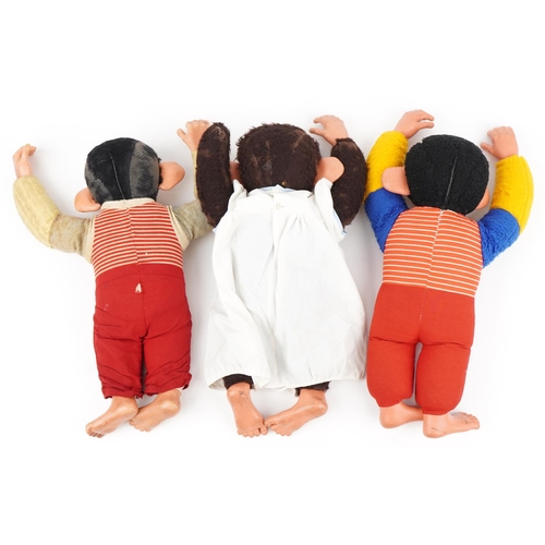 1450 - Three vintage celluloid and cloth monkey dolls, 52cm high