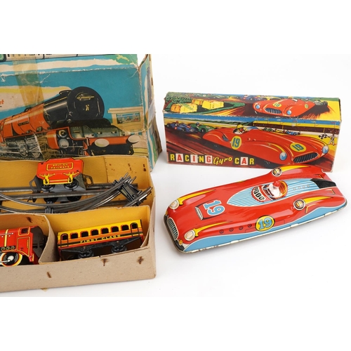 1470 - Vintage tinplate toys with boxes comprising mechanical train set, Mercedes SL300 friction drive ambu... 