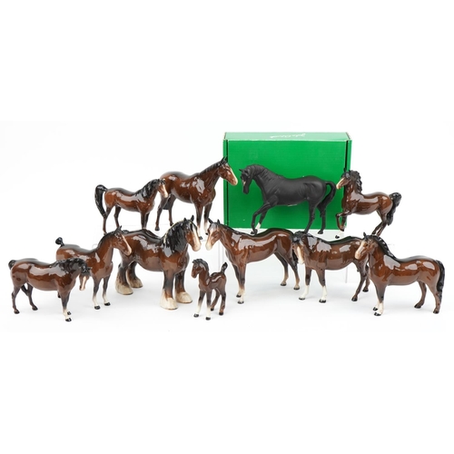 452 - Ten Beswick brown horses and a Beswick Ware by Royal Doulton Black Beauty with box, the largest 25cm... 