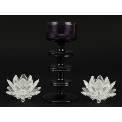 1190 - Wedgwood amethyst glass candle holder designed by Stennett Willson and a pair of Swarovski Crystal f... 