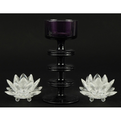 1190 - Wedgwood amethyst glass candle holder designed by Stennett Willson and a pair of Swarovski Crystal f... 