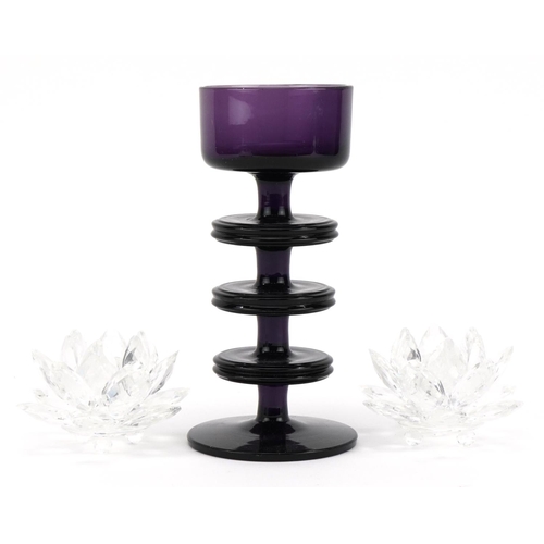 1190 - Wedgwood amethyst glass candle holder designed by Stennett Willson and a pair of Swarovski Crystal f... 