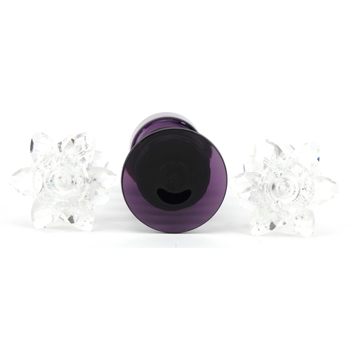 1190 - Wedgwood amethyst glass candle holder designed by Stennett Willson and a pair of Swarovski Crystal f... 