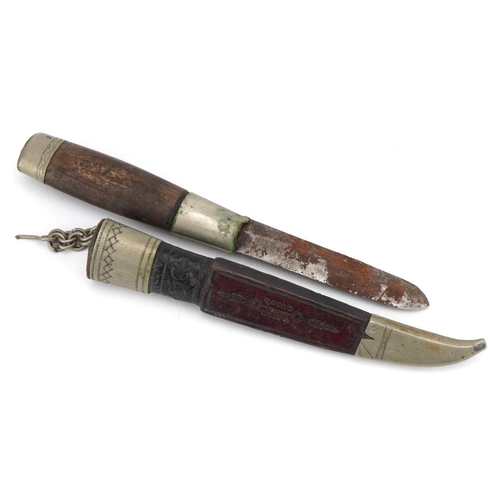 1558 - Military interest trench art knife with leather sheath, 22cm in length