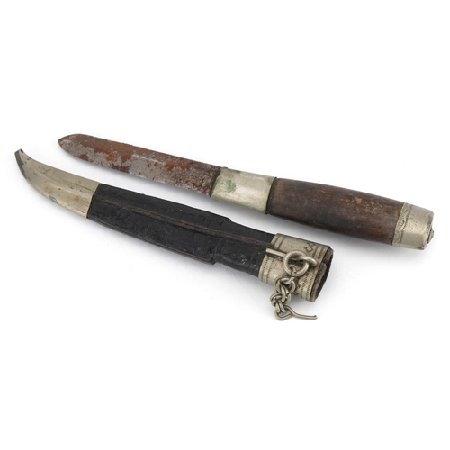 1558 - Military interest trench art knife with leather sheath, 22cm in length