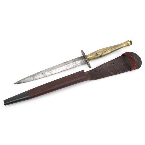 1553 - Fairbairn Sykes, British military World War I Commando fighting knife with brass handle and leather ... 