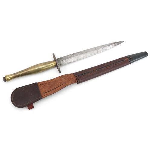 1553 - Fairbairn Sykes, British military World War I Commando fighting knife with brass handle and leather ... 