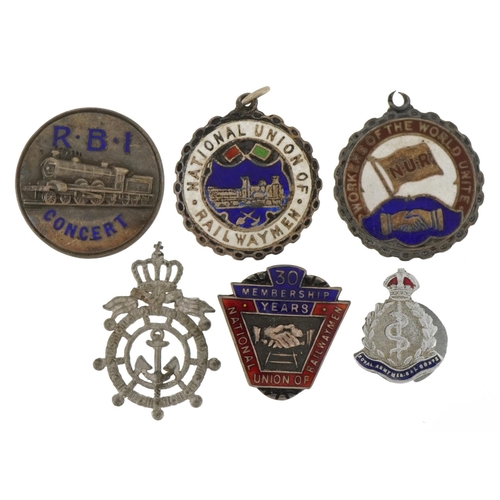 1607 - Railway and naval interest jewels and pips, some silver including National Union of Railwaymen Worke... 