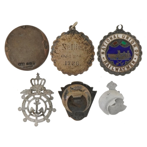 1607 - Railway and naval interest jewels and pips, some silver including National Union of Railwaymen Worke... 