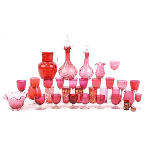 229 - Victorian cranberry glassware including claret jug, various glasses, enamel trinket box and aestheti... 