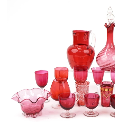 229 - Victorian cranberry glassware including claret jug, various glasses, enamel trinket box and aestheti... 