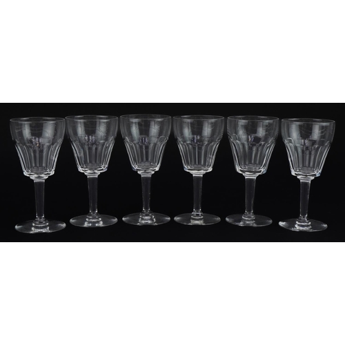 464 - Set of six good quality cut glass wine glasses, each 13cm high