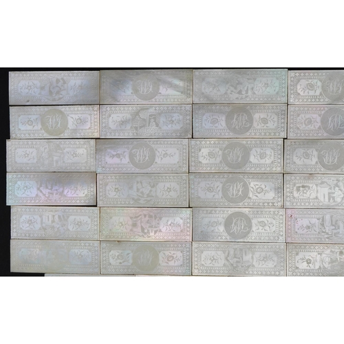 185 - Good collection of Chinese Canton mother of pearl gaming counters finely carved with figures amongst... 