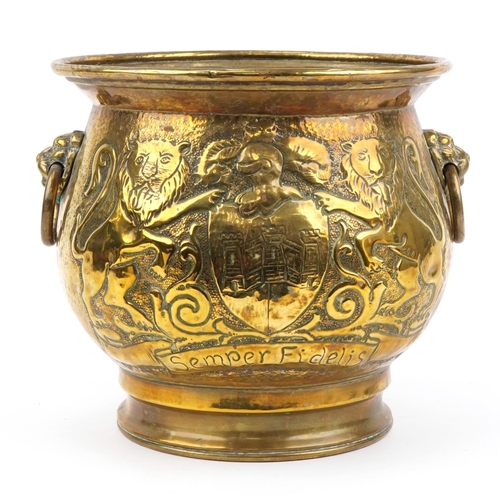 395 - Early Victorian log bucket with ring turned lion head handles having embossed coat of arms with Lati... 