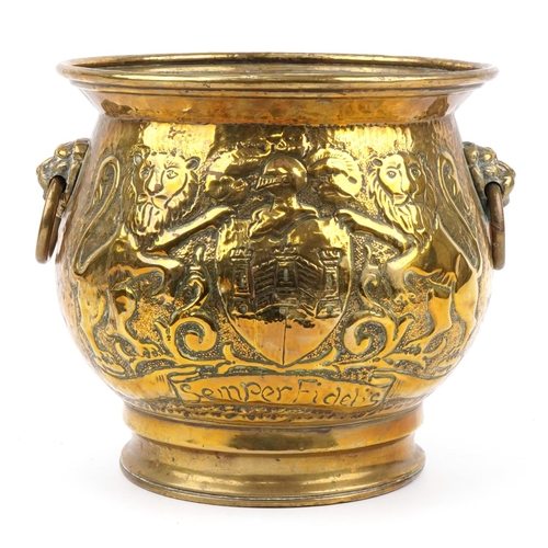 395 - Early Victorian log bucket with ring turned lion head handles having embossed coat of arms with Lati... 