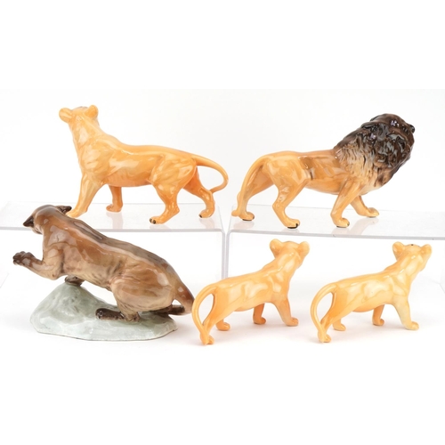 435 - Five Beswick animals comprising mountain lion, lion & lioness and two lion cubs, the largest 23cm in... 