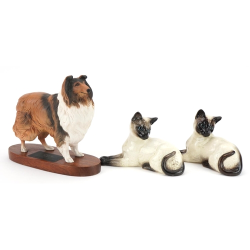 433 - Beswick Connoisseur model of a Collie dog and two Siamese cats, the largest 24cm in length