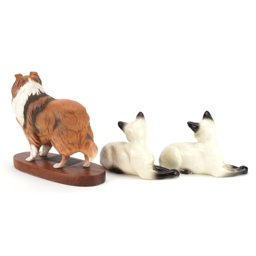 433 - Beswick Connoisseur model of a Collie dog and two Siamese cats, the largest 24cm in length