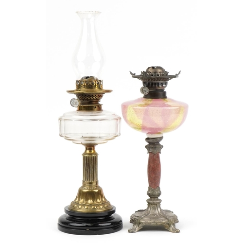 95 - Victorian oil lamp with reeded brass column and an Art Nouveau style example