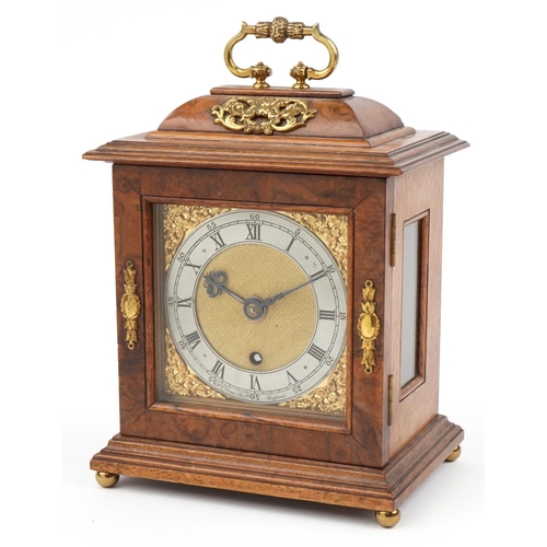 155 - Victorian burr wood mantle clock with gilt metal mounts and silvered dial having Roman numerals reta... 