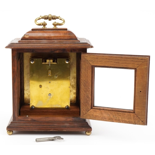 155 - Victorian burr wood mantle clock with gilt metal mounts and silvered dial having Roman numerals reta... 