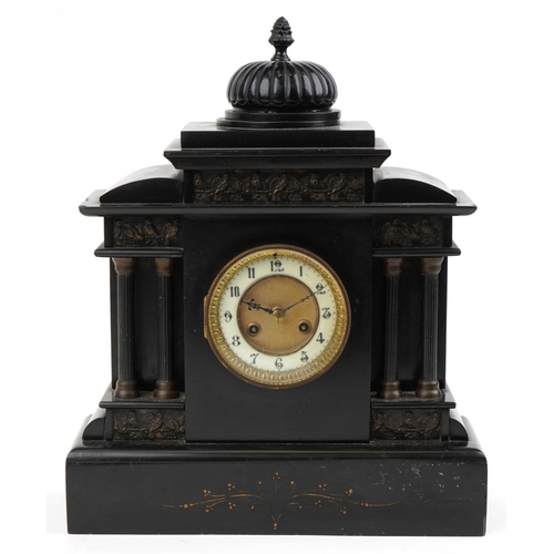 158 - Victorian black slate mantle clock with reeded columns and circular chapter ring having Arabic numer... 