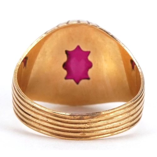 2042 - Unmarked gold ruby signet ring, tests as 15ct gold, the ruby approximately 11.5mm x 9.4mm, size Q, 5... 