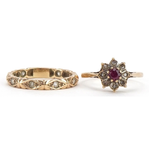 2084 - Two 9ct gold rings comprising clear stone eternity ring and ruby and diamond flower head cluster rin... 