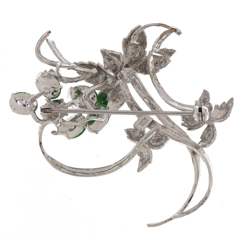 2037 - Chinese 18k white gold green jade floral spray brooch, the largest jade approximately 8.6mm x 6.2mm,... 