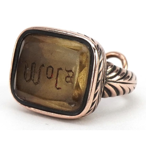 2111 - Antique unmarked rose gold citrine seal fob with engraved initials, tests as 9ct gold, 2.4cm high, 7... 