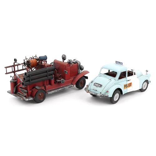 1464 - Tinplate model vintage fire truck and police car, the largest 38cm in length