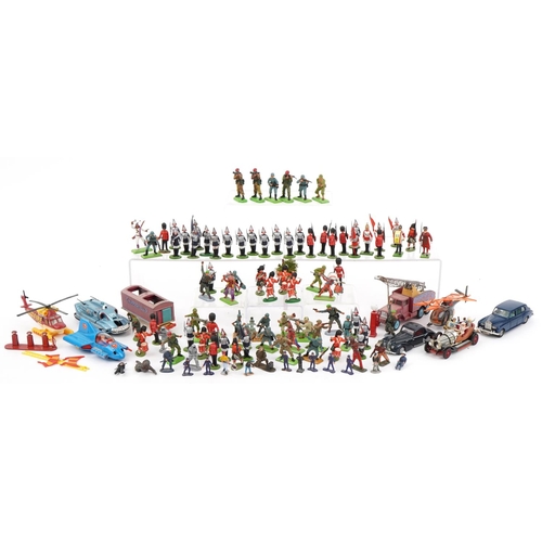 1465 - Collection of vintage and later diecast vehicles and hand painted soldiers including Britains, Corgi... 