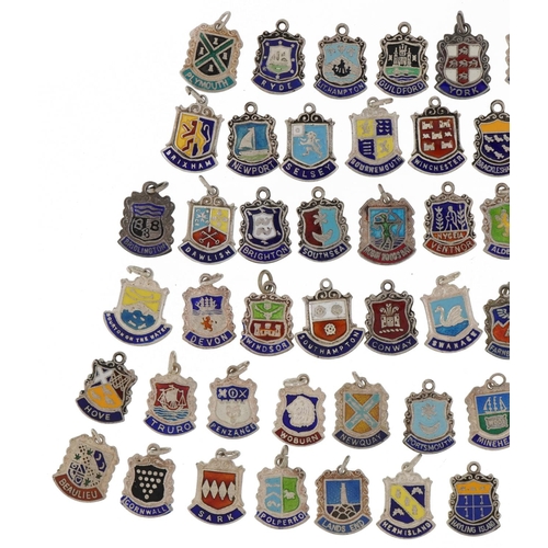 2282 - Large collection of silver and enamel crest charms including Longleat, Windsor, Portsmouth and Hasti... 