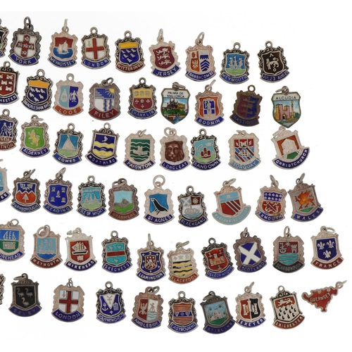 2282 - Large collection of silver and enamel crest charms including Longleat, Windsor, Portsmouth and Hasti... 