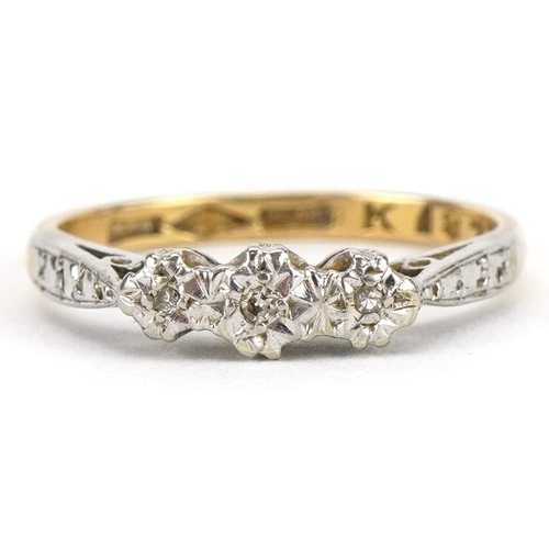 2058 - 18ct gold and platinum diamond three stone ring, size I, 1.9g