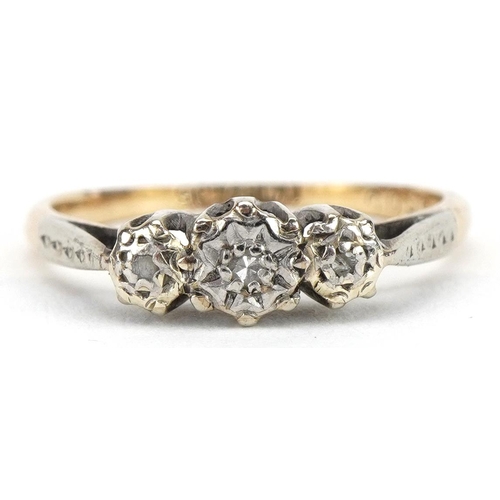 2080 - 9ct gold and platinum diamond three stone ring, size K, 1.5g